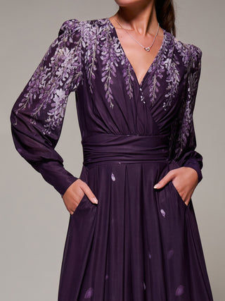 Long Sleeve Printed Mesh Midaxi Dress, Purple Leaf