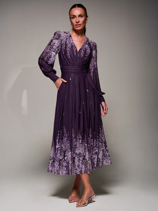Long Sleeve Printed Mesh Midaxi Dress, Purple Leaf