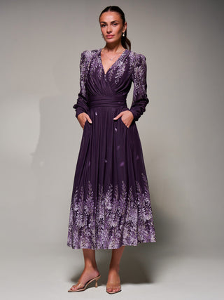 Long Sleeve Printed Mesh Midaxi Dress, Purple Leaf