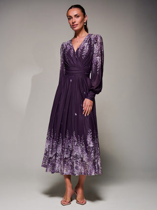 Long Sleeve Printed Mesh Midaxi Dress, Purple Leaf