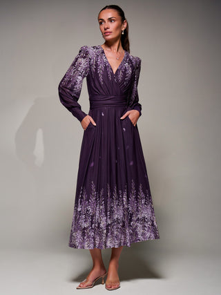 Long Sleeve Printed Mesh Midaxi Dress, Purple Leaf