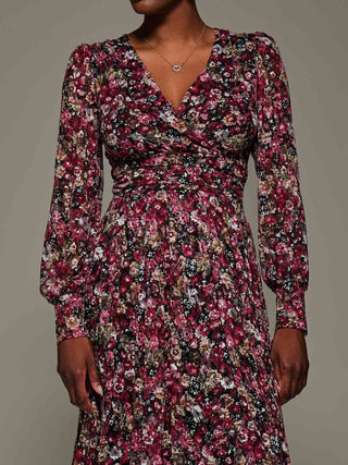 Long Sleeve Printed Lace Maxi Dress, Black Red Floral