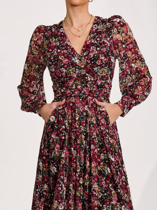 Long Sleeve Printed Lace Maxi Dress, Black Red Floral