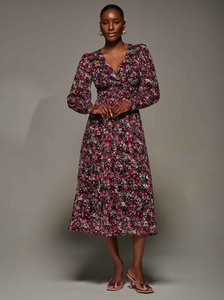 Long Sleeve Printed Lace Maxi Dress, Black Red Floral