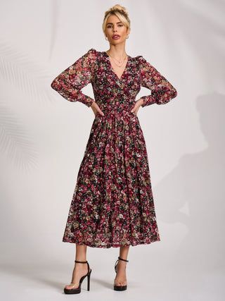 Long Sleeve Printed Lace Maxi Dress, Black Red Floral
