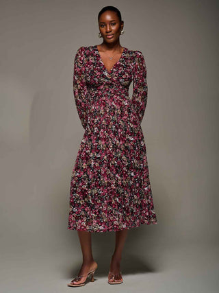 Long Sleeve Printed Lace Maxi Dress, Black Red Floral