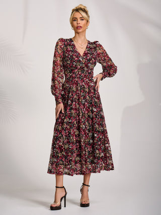 Long Sleeve Printed Lace Maxi Dress, Black Red Floral