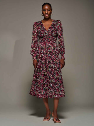 Long Sleeve Printed Lace Maxi Dress, Black Red Floral