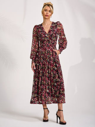 Long Sleeve Printed Lace Maxi Dress, Black Red Floral