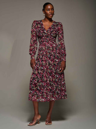 Long Sleeve Printed Lace Maxi Dress, Black Red Floral