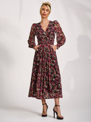 Long Sleeve Printed Lace Maxi Dress, Black Red Floral