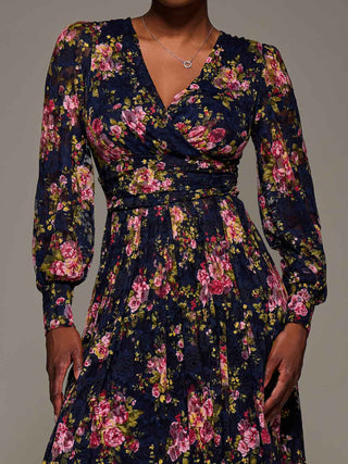 Long Sleeve Printed Lace Maxi Dress, Navy Pink Floral