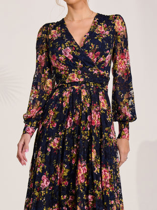 Long Sleeve Printed Lace Maxi Dress, Navy Pink Floral