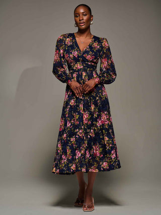 Long Sleeve Printed Lace Maxi Dress, Navy Pink Floral