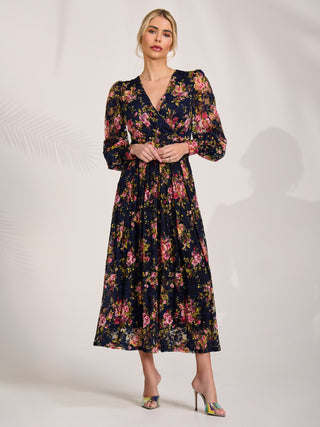 Long Sleeve Printed Lace Maxi Dress, Navy Pink Floral