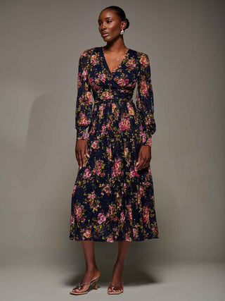 Long Sleeve Printed Lace Maxi Dress, Navy Pink Floral