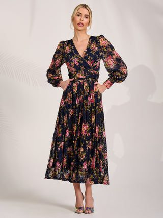 Long Sleeve Printed Lace Maxi Dress, Navy Pink Floral