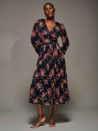 Long Sleeve Printed Lace Maxi Dress, Navy Pink Floral