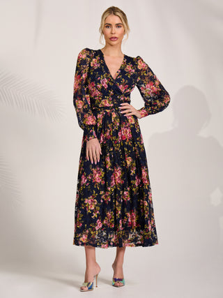 Long Sleeve Printed Lace Maxi Dress, Navy Pink Floral