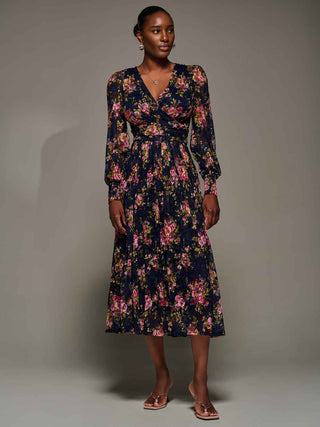 Long Sleeve Printed Lace Maxi Dress, Navy Pink Floral