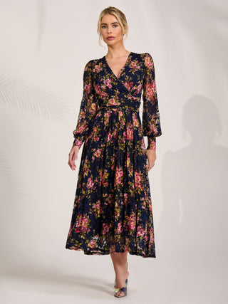 Long Sleeve Printed Lace Maxi Dress, Navy Pink Floral