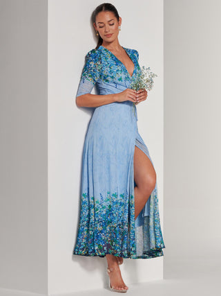 Ruched Sleeve Wrap Mesh Maxi Dress, Blue Multi, Leaf Print, Front Slit Detail, 3/4 Sleeve, V-neckline, Left Side Image