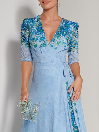 Peggy Ruched Sleeve Wrap Mesh Maxi Dress, Blue Multi, Self Tie Waist, Wrap Dress, Elbow Length Sleeve, V-neckline, Close up Image