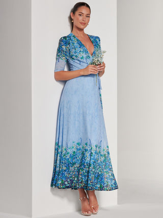Peggy Ruched Sleeve Wrap Mesh Maxi Dress, Blue Multi, Side Image