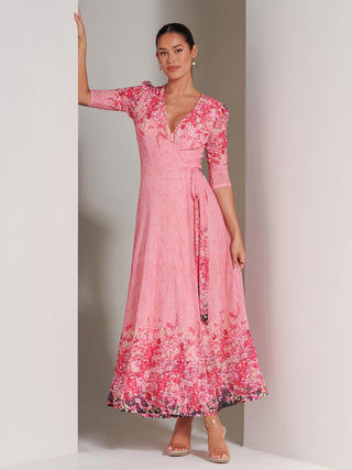 Ruched Sleeve, Wrap Mesh Maxi Dress, Pink Multi, Short Sleeve, V-neckline, Self Tie Waist, Wrap Dress, Floral Print, Front Side