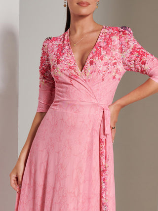 Wrap Mesh Maxi Dress, Pink Multi, Short Sleeve, V-neckline, Self Tie Waist, Wrap-over Dress, Floral Print, Ruched Sleeve, Close up Image