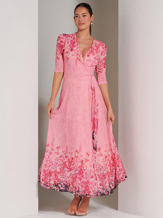 Wrap Mesh Maxi Dress, Pink Multi, Short Sleeve, V-neckline, Self Tie Waist, Wrap-over Dress, Floral Print, Ruched Sleeve, Front Slit