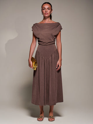 Asymmetric Neckline Midaxi Dress, Brown