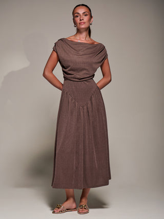 Asymmetric Neckline Midaxi Dress, Brown