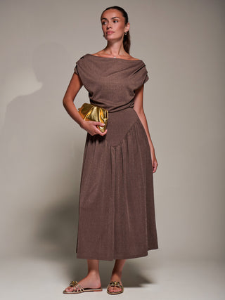 Asymmetric Neckline Midaxi Dress, Brown