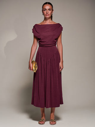Asymmetric Neckline Midaxi Dress, Burgundy