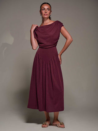 Asymmetric Neckline Midaxi Dress, Burgundy