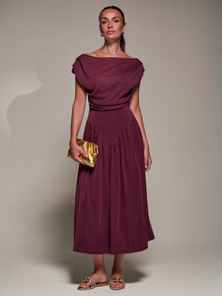 Asymmetric Neckline Midaxi Dress, Burgundy