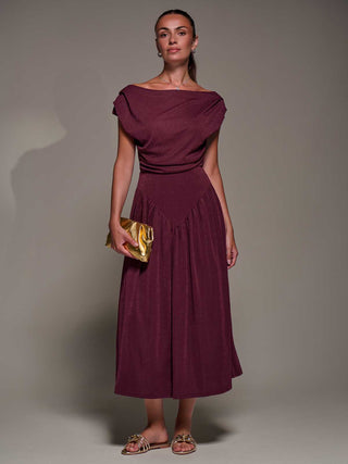 Asymmetric Neckline Midaxi Dress, Burgundy
