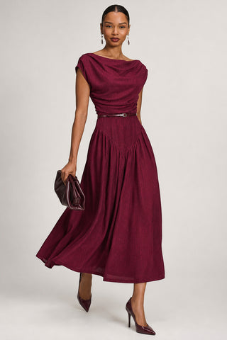 Asymmetric Neckline Midaxi Dress, Burgundy