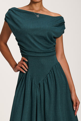 Asymmetric Neckline Midaxi Dress, Dark Green