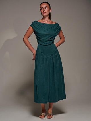 Asymmetric Neckline Midaxi Dress, Dark Green