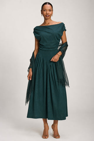 Asymmetric Neckline Midaxi Dress, Dark Green