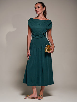 Asymmetric Neckline Midaxi Dress, Dark Green