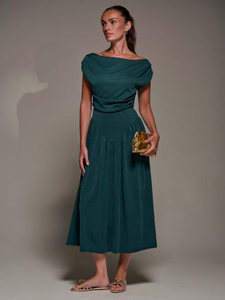Asymmetric Neckline Midaxi Dress, Dark Green