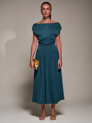 Asymmetric Neckline Midaxi Dress, Dark Teal