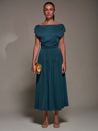 Asymmetric Neckline Midaxi Dress, Dark Teal