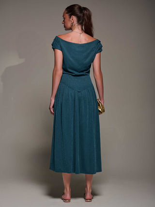 Asymmetric Neckline Midaxi Dress, Dark Teal