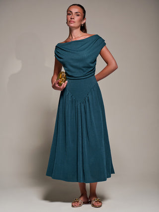 Asymmetric Neckline Midaxi Dress, Dark Teal