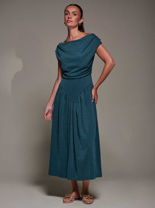 Asymmetric Neckline Midaxi Dress, Dark Teal