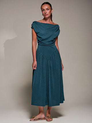 Asymmetric Neckline Midaxi Dress, Dark Teal
